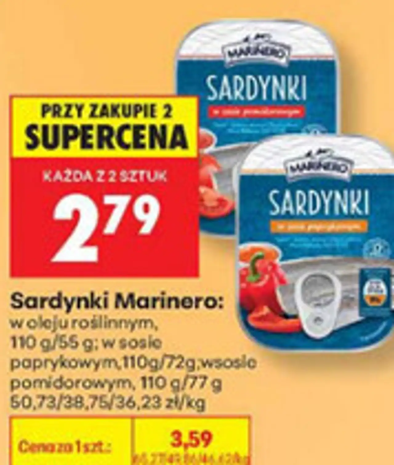 Sardynki Marinero, w oleju roślinnym, w sosie paprykowym, w sosie pomidorowym, 110 g/55 g, 110 g/72 g, 110 g/77 g
