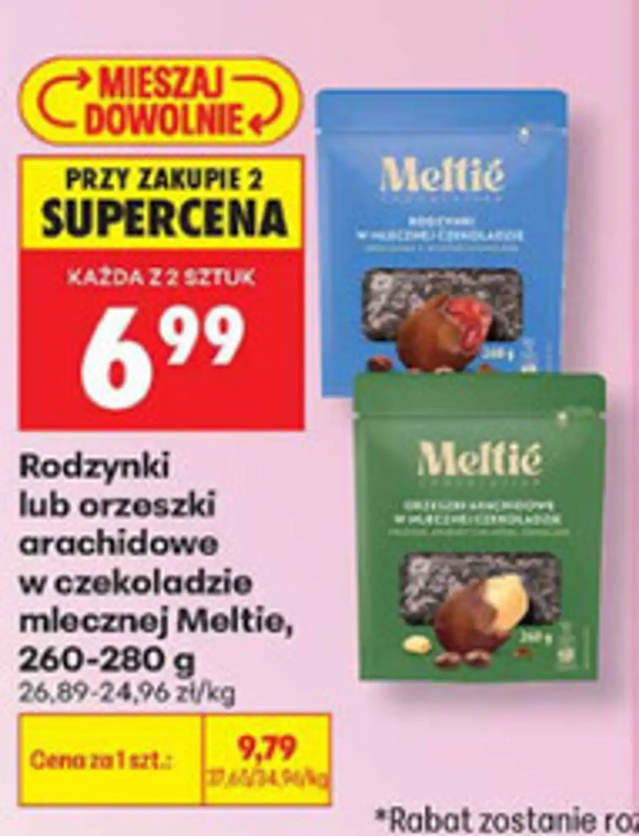 Rodzynki lub orzeszki arachidowe w czekoladzie mlecznej Meltié, 260-280 g
