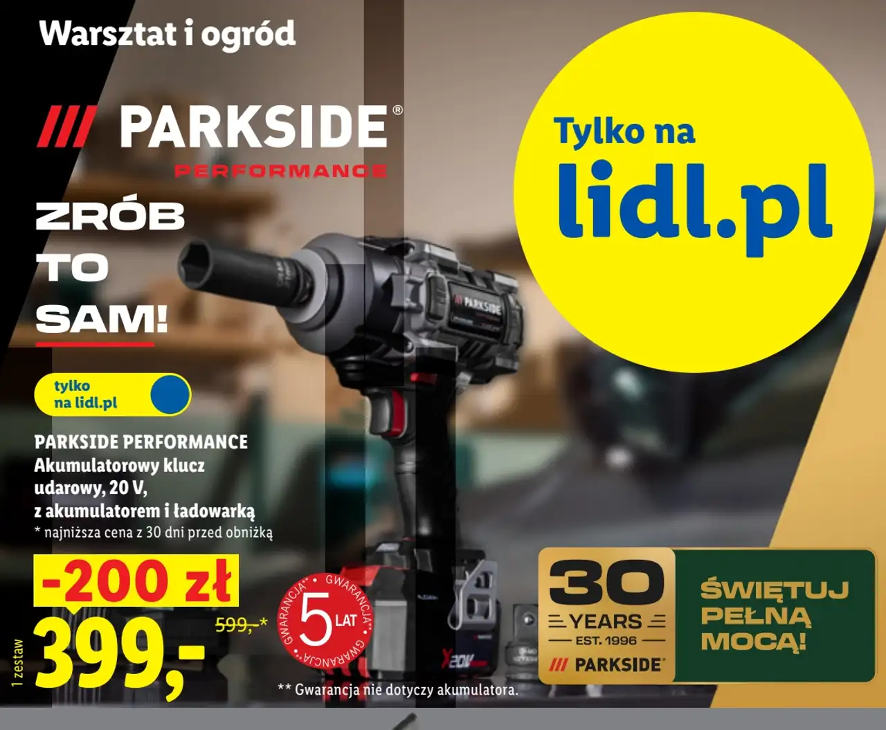 PARKSIDE PERFORMANCE Akumulatorowy klucz udarowy, 20 V, z akumulatorem i ładowarką