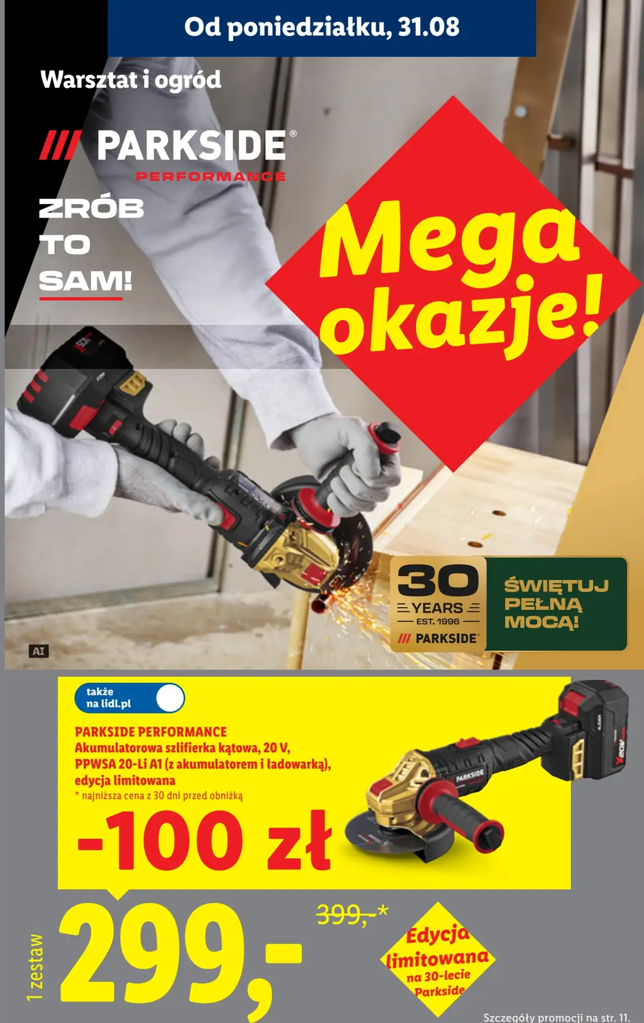 PARKSIDE PERFORMANCE Akumulatorowa szlifierka kątowa, 20 V, PPWSA 20-Li A1 (z akumulatorem i ładowarką), edycja limitowana