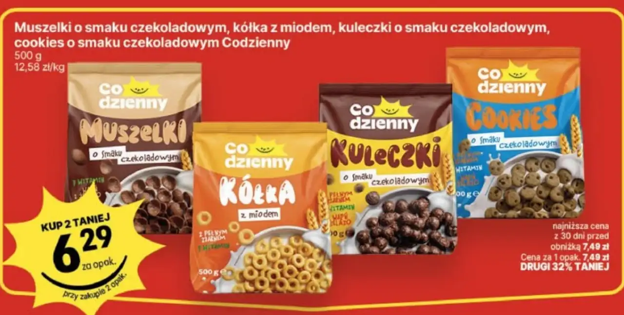 Muszelki o smaku czekoladowym, kółka z miodem, kuleczki o smaku czekoladowym, cookies o smaku czekoladowym Codzienny