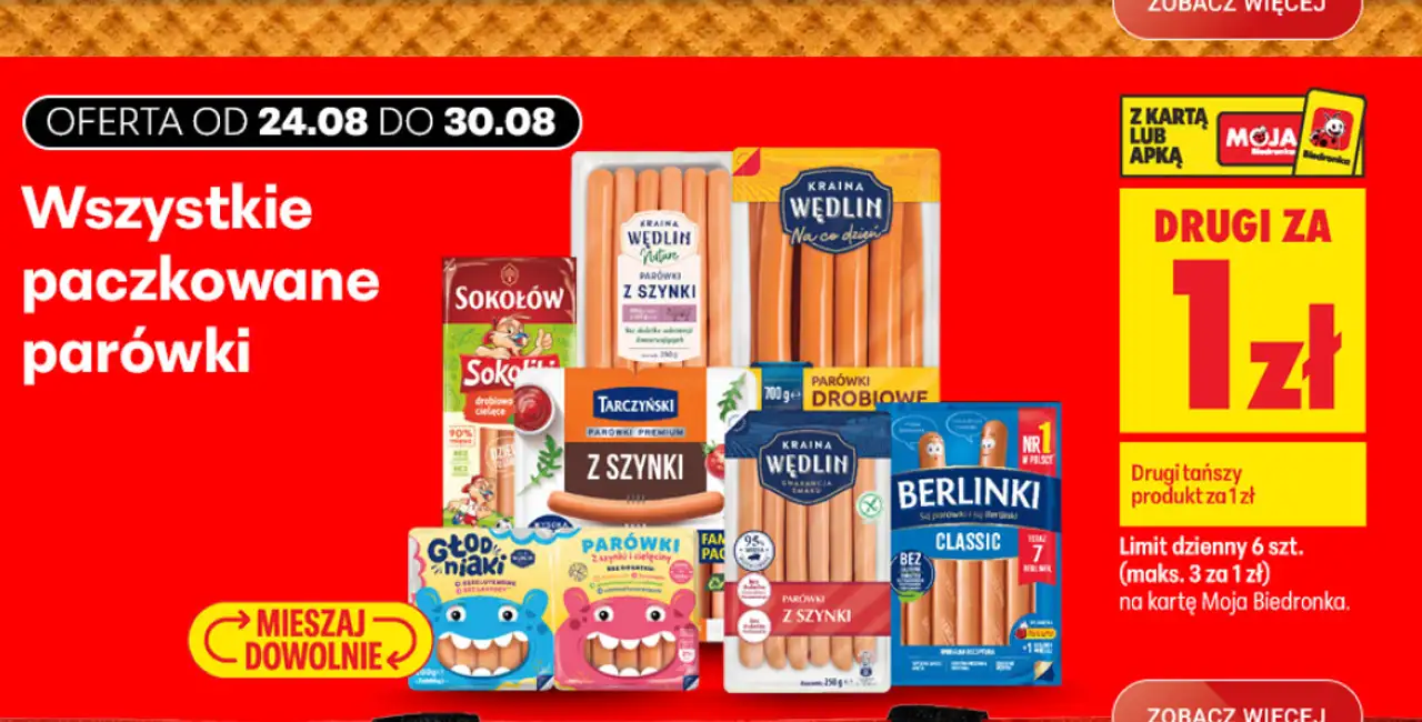 Wszystkie paczkowane parówki (Berlinki, Tarczyński, Kraina Wędlin, Sokołów)