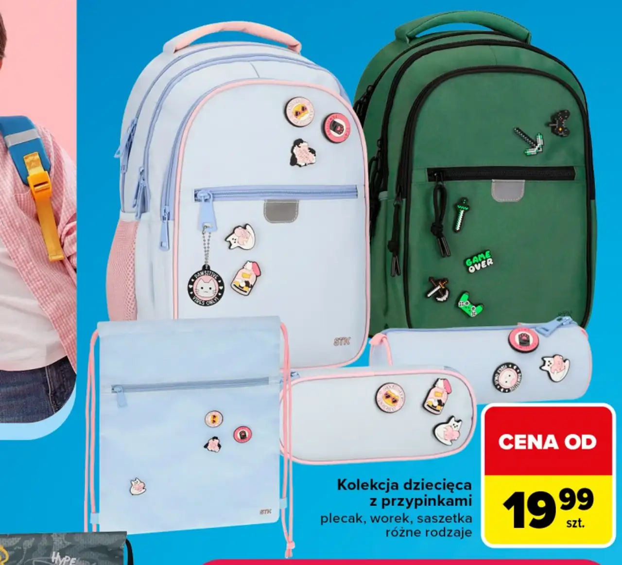 Kolekcja dziecięca z przypinkami plecak, worek, saszetka