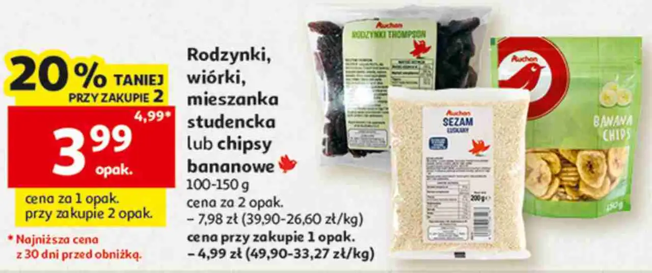 Rodzynki, wiórki, mieszanka studencka lub chipsy bananowe Auchan