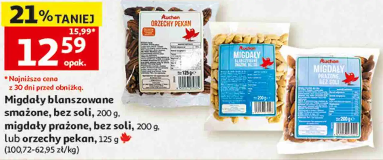 Migdały blanszowane smażone, bez soli, migdały prażone, bez soli lub orzechy pekan Auchan
