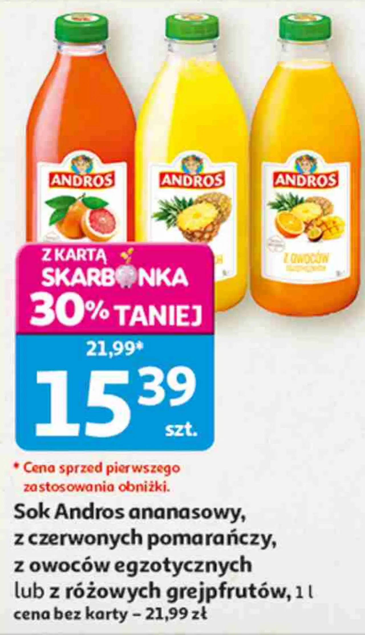 Sok Andros ananasowy, z czerwonych pomarańczy, z owoców egzotycznych lub z różowych grejpfrutów