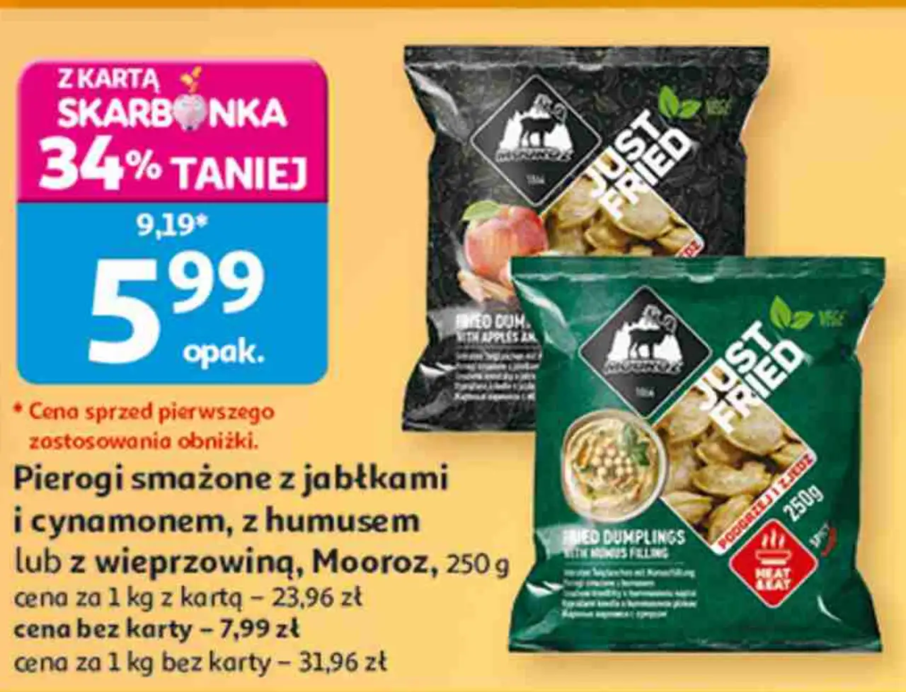 Pierogi smażone z jabłkami i cynamonem, z humusem lub z wieprzowiną, Mooroz