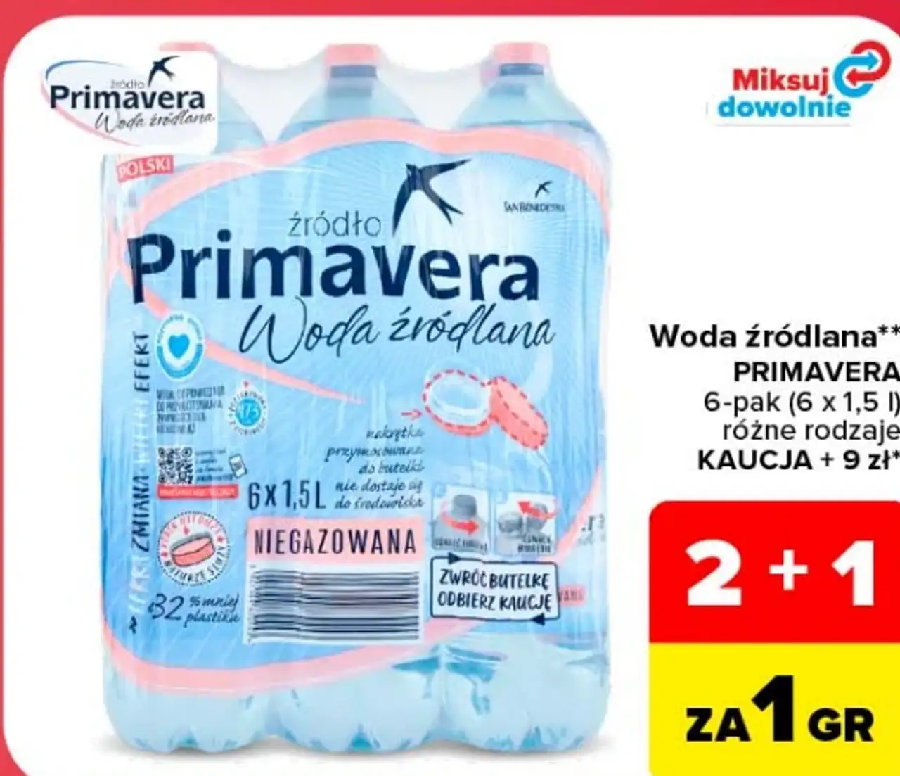 Woda źródlana Primavera 6-pak (6 x 1,5 l), różne rodzaje