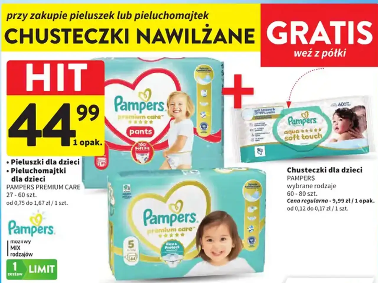 Pieluszki dla dzieci lub Pieluchomajtki Pampers Premium Care + Chusteczki dla dzieci Pampers