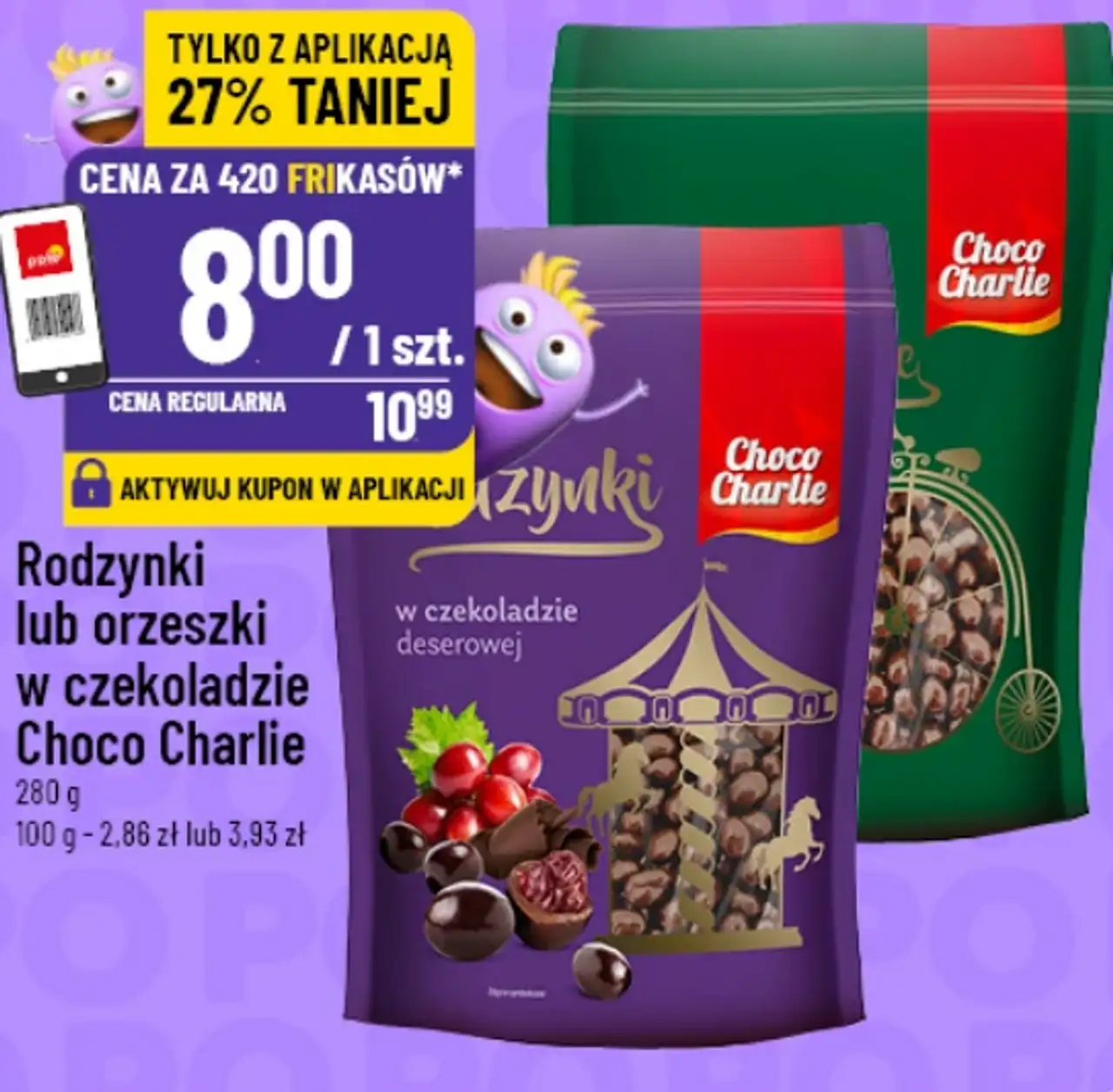 Rodzynki lub orzeszki w czekoladzie Choco Charlie