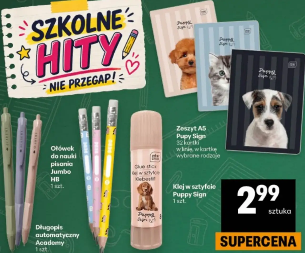 Artykuły szkolne: Zeszyt A5 Puppy Sign, Klej w sztyfcie Puppy Sign, Ołówek Jumbo HB, Długopis Academy