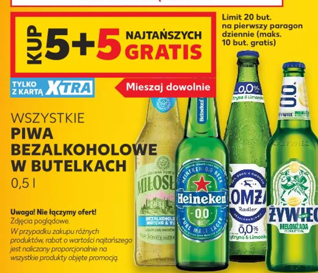 Piwa bezalkoholowe w butelkach 0,5 l (Heineken, Miłosław, Łomża, Żywiec)