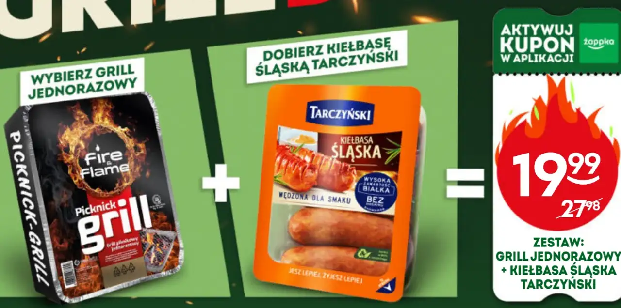 Zestaw: Grill jednorazowy Picknick-Grill Fire Flame + Kiełbasa Śląska Tarczyński