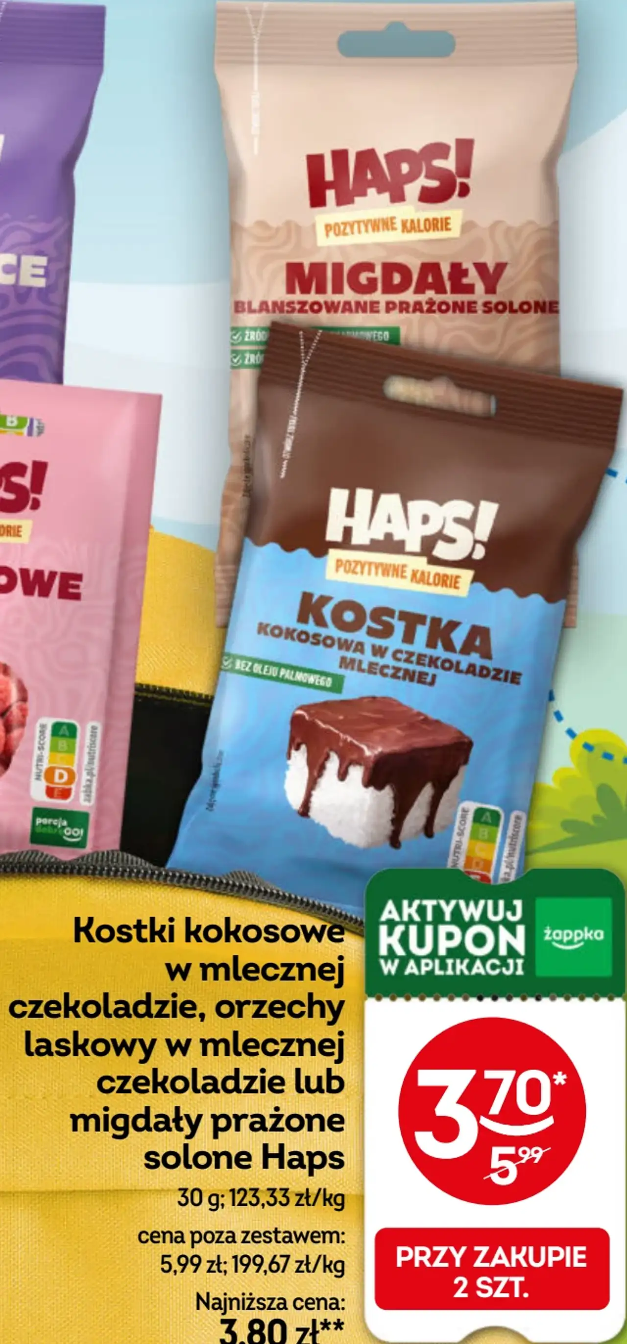 Kostki kokosowe w mlecznej czekoladzie, orzechy laskowe w mlecznej czekoladzie lub migdały prażone solone Haps