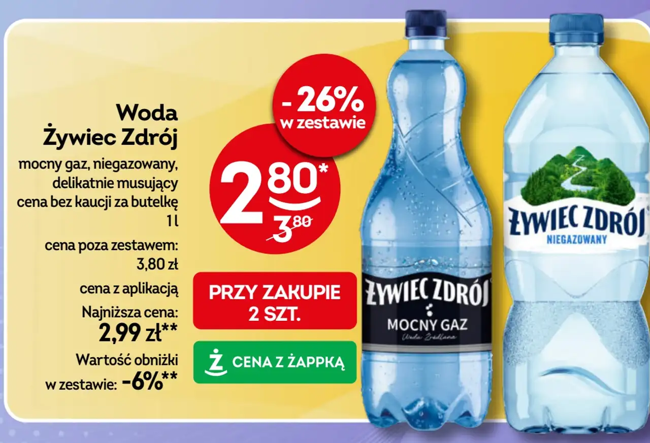 Woda Żywiec Zdrój mocny gaz, niegazowany, delikatnie musujący