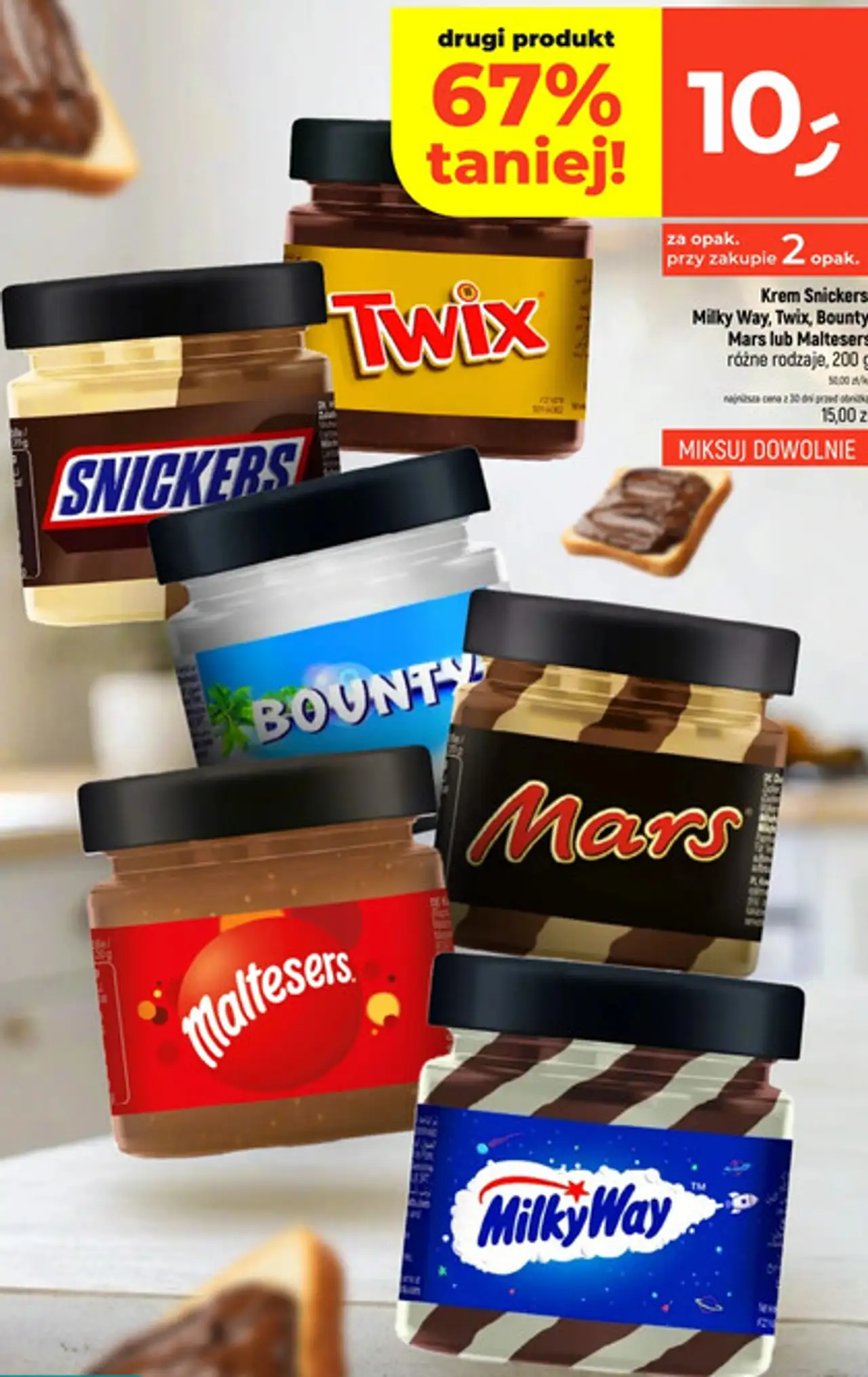 Krem Snickers, Milky Way, Twix, Bounty, Mars lub Maltesers różne rodzaje