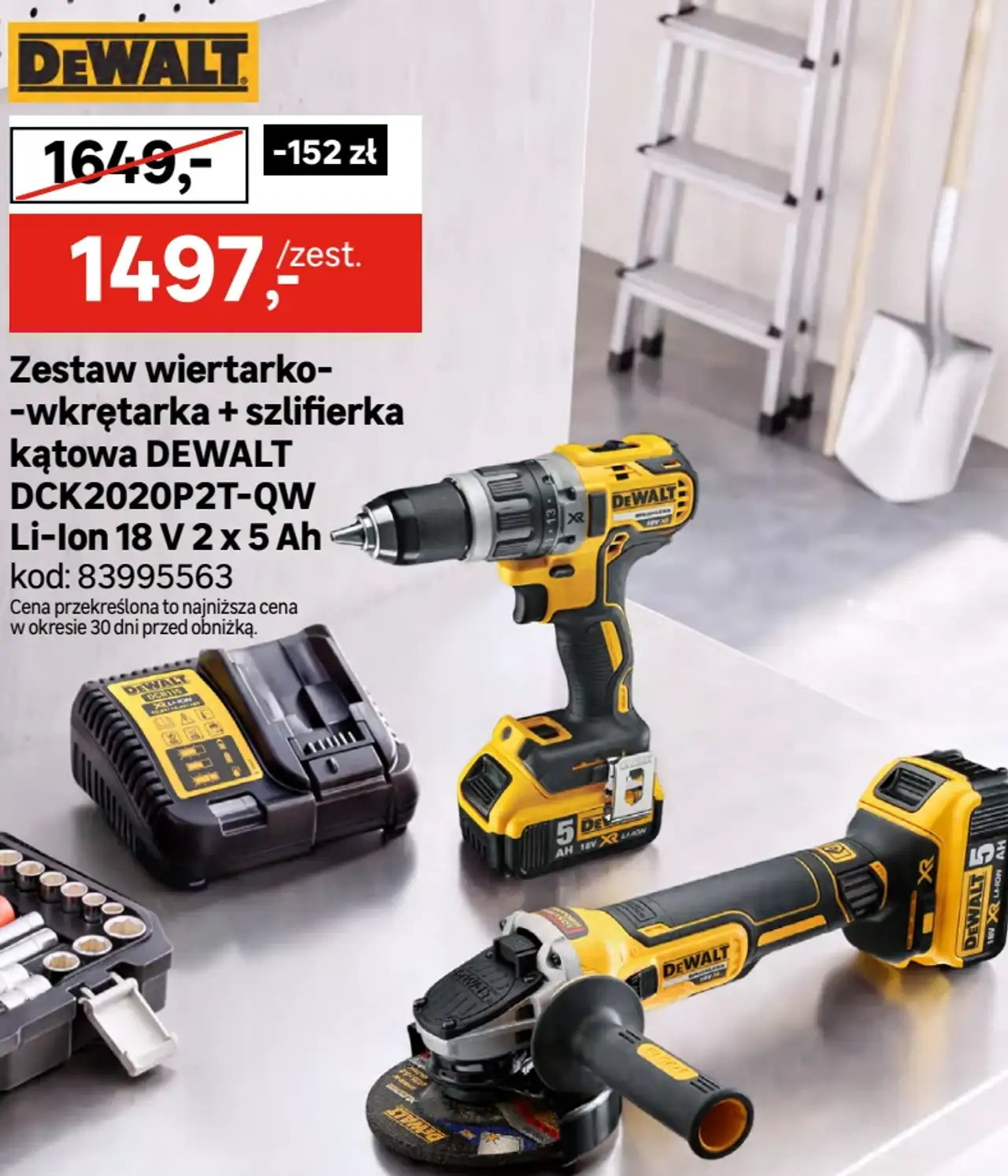 Zestaw wiertarko-wkrętarka + szlifierka kątowa DEWALT DCK2020P2T-QW Li-Ion 18 V 2 x 5 Ah