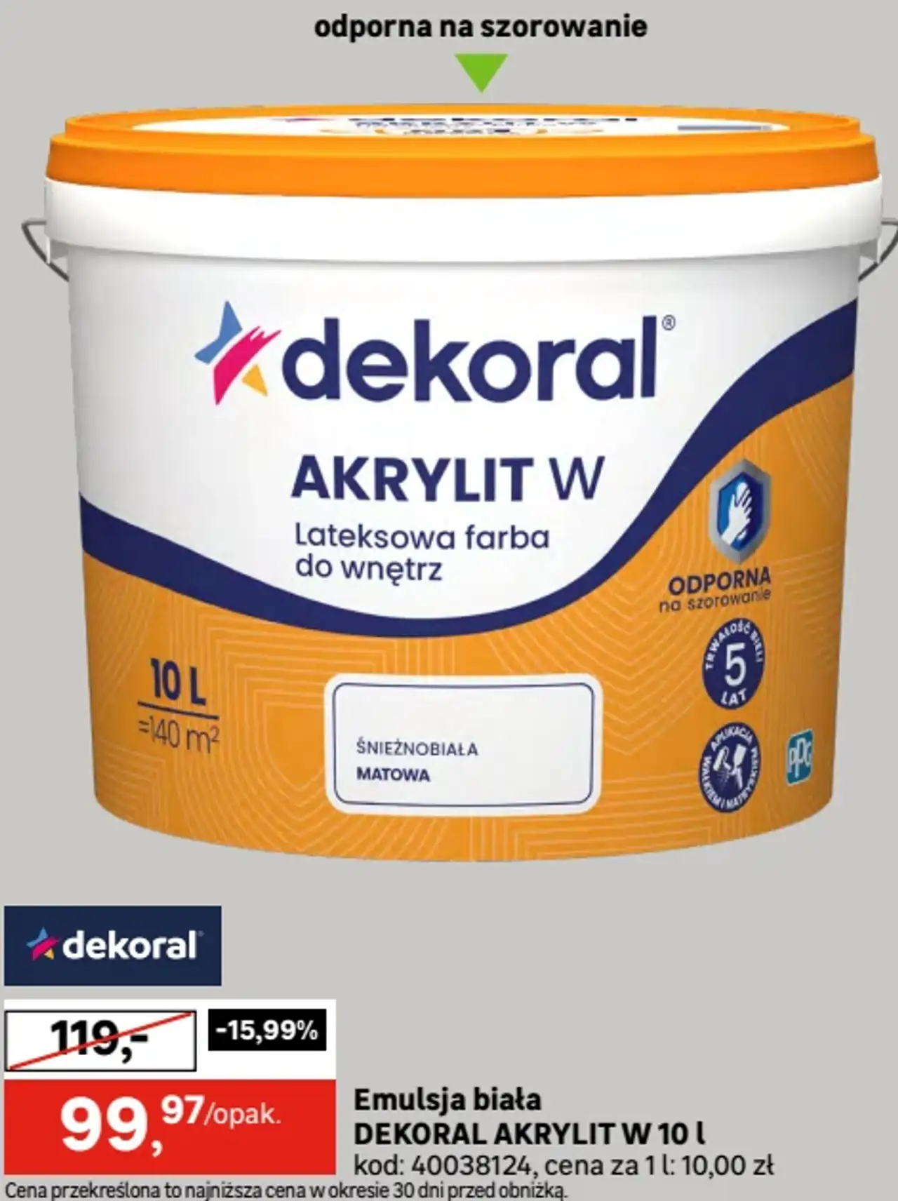 Emulsja biała DEKORAL AKRYLIT W 10 l