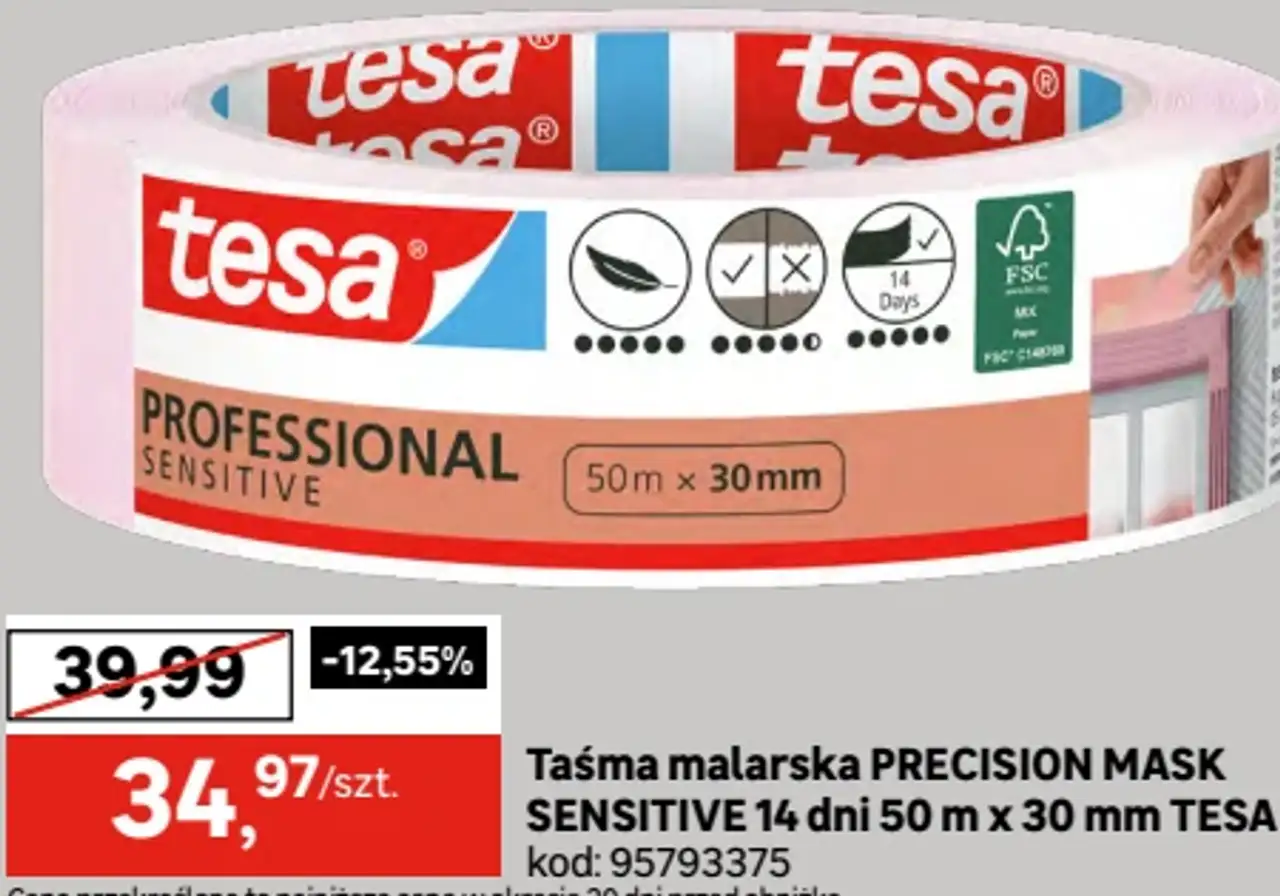Taśma malarska PRECISION MASK SENSITIVE 14 dni 50 m x 30 mm TESA