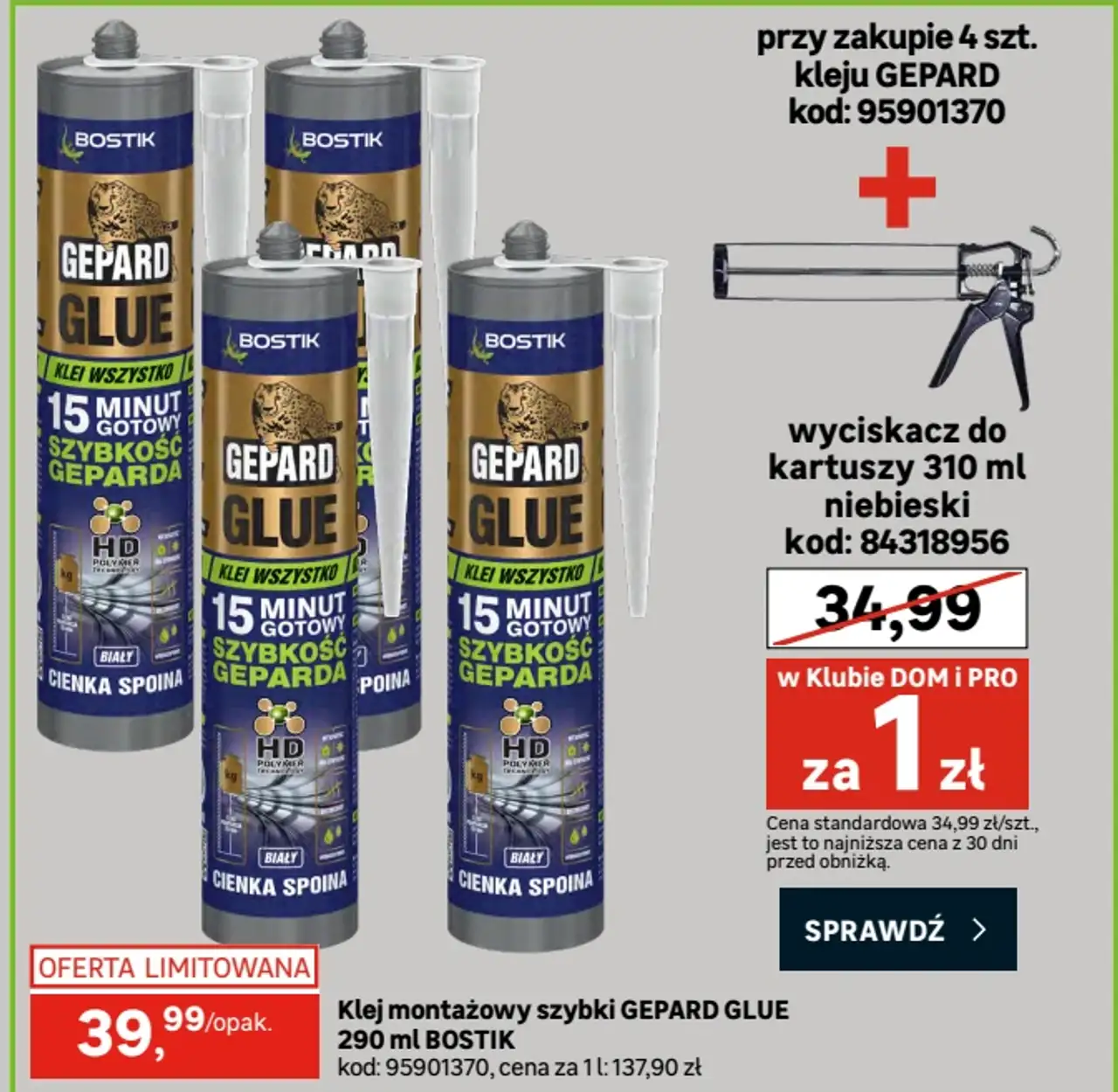 Klej montażowy szybki GEPARD GLUE 290 ml BOSTIK