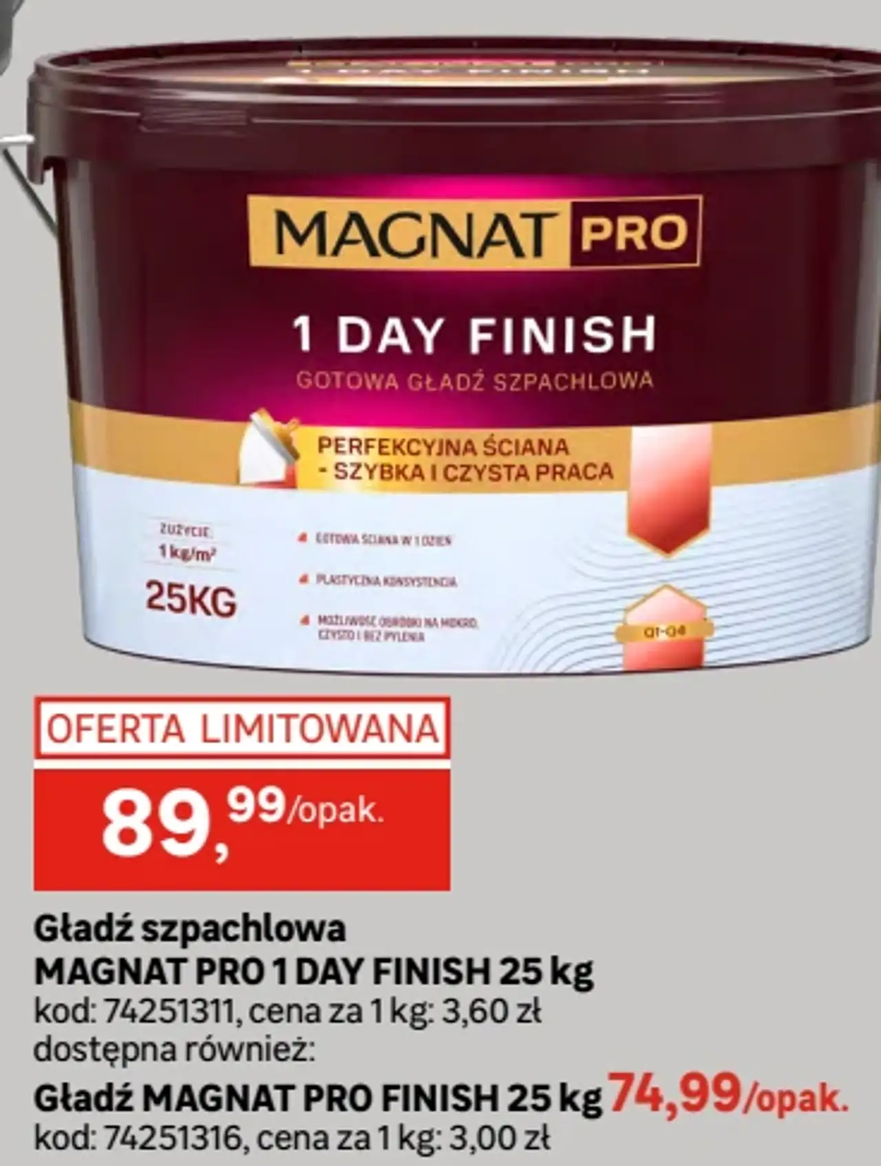 Gładź szpachlowa MAGNAT PRO 1 DAY FINISH 25 kg