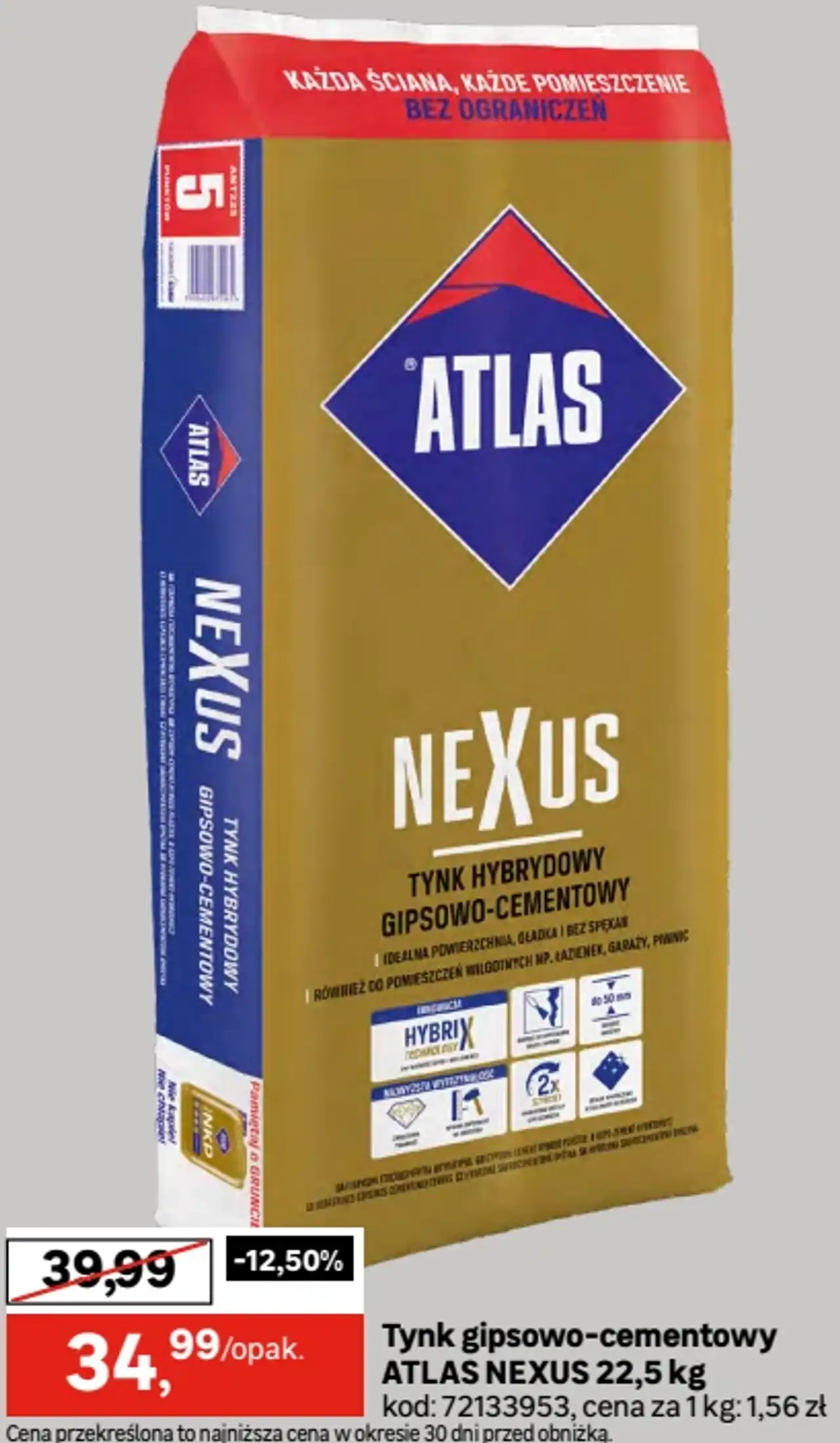 Tynk hybrydowy gipsowo-cementowy ATLAS NEXUS 22,5 kg