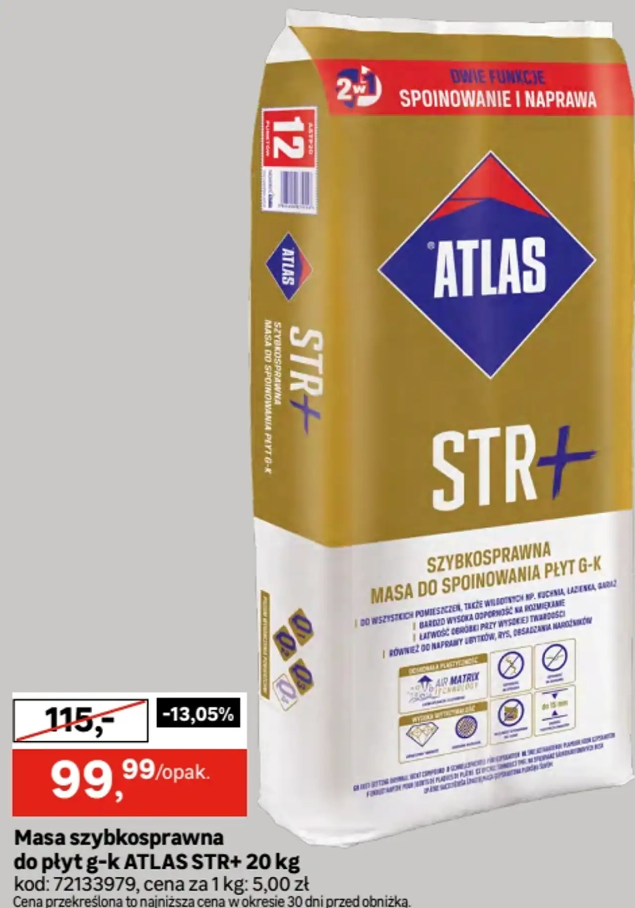 Masa szybkonaprawna do spoinowania płyt g-k ATLAS STR+ 20 kg