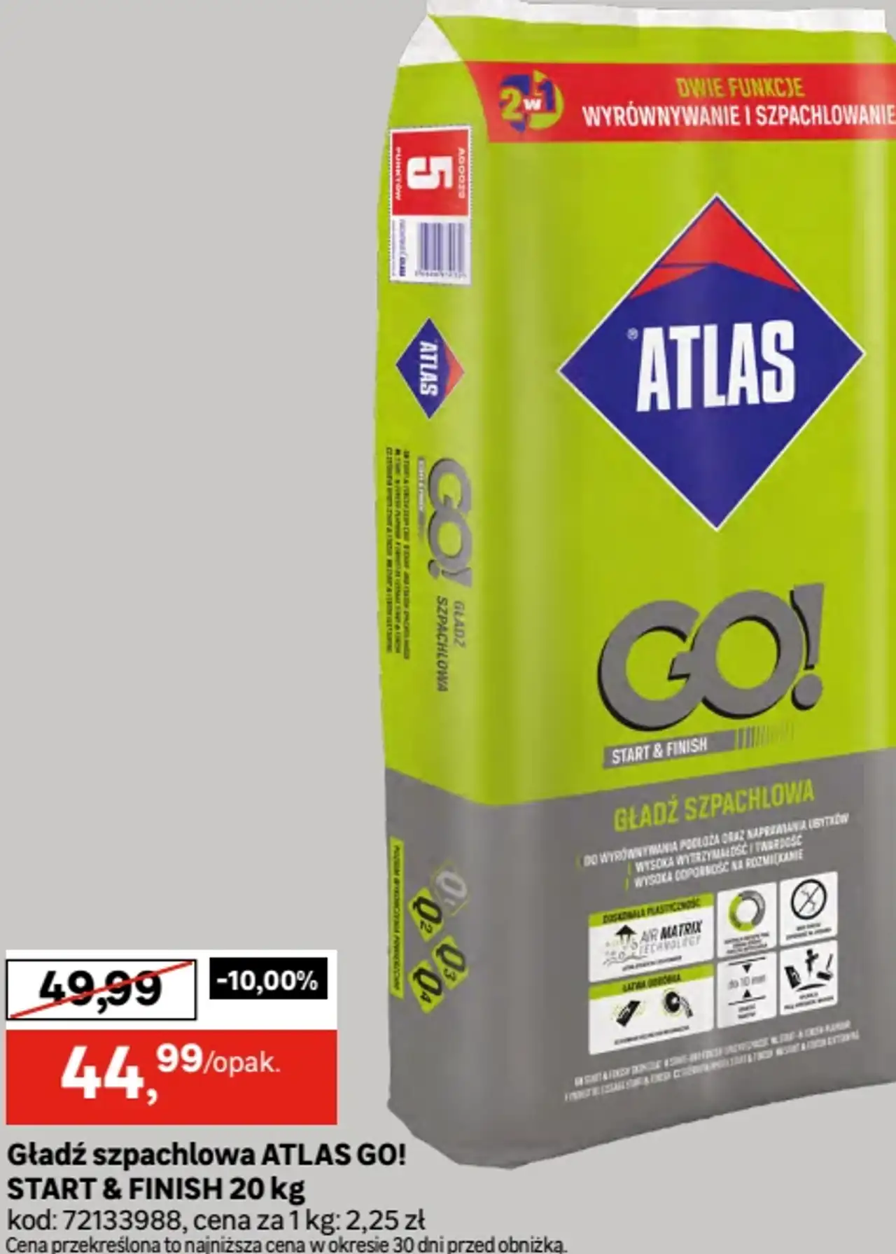 Gładź szpachlowa ATLAS GO! START & FINISH 20 kg