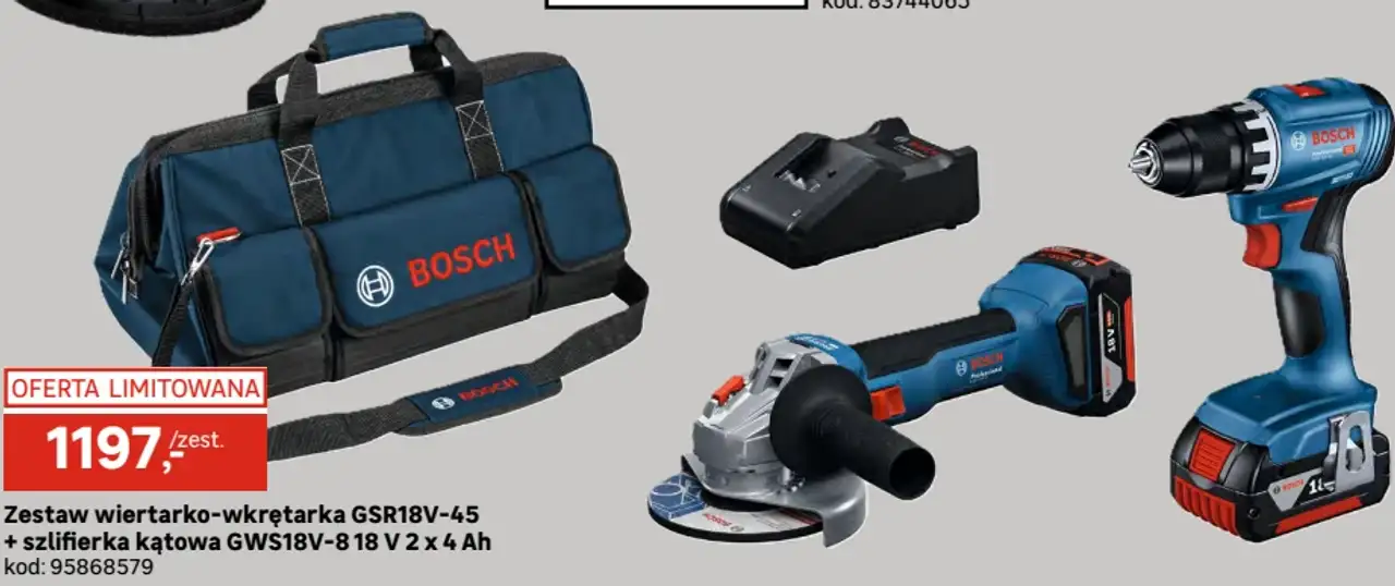 Zestaw wiertarko-wkrętarka Bosch Professional GSR18V-45 + szlifierka kątowa GWS18V-8 18 V 2 x 4 Ah