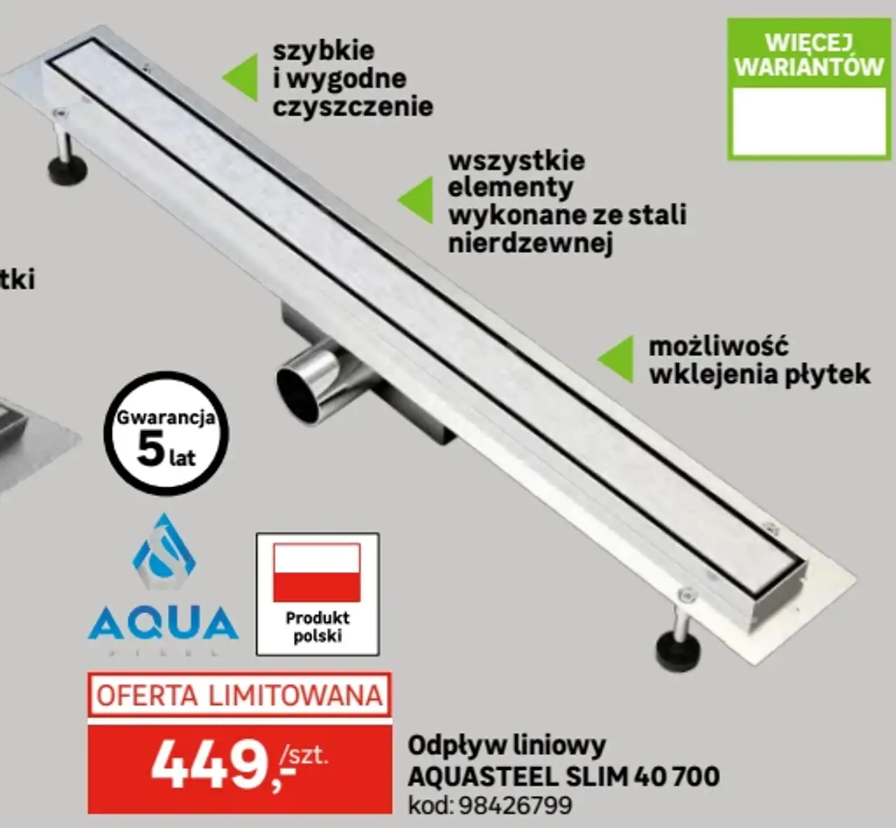 Odpływ liniowy AQUASTEEL SLIM 40 700 AQUA