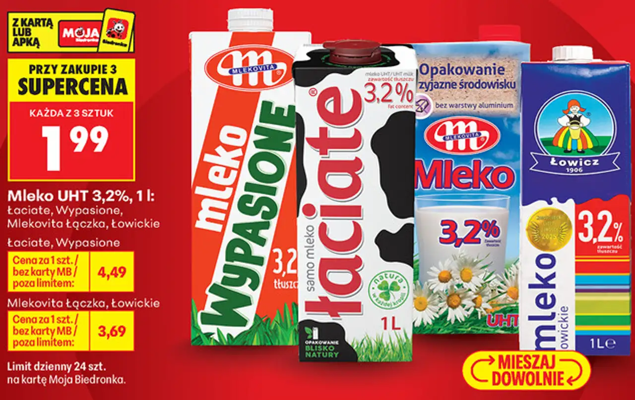 Mleko UHT 3,2%, 1 l: Łaciate, Wypasione, Mlekovita Łączka, Łowickie