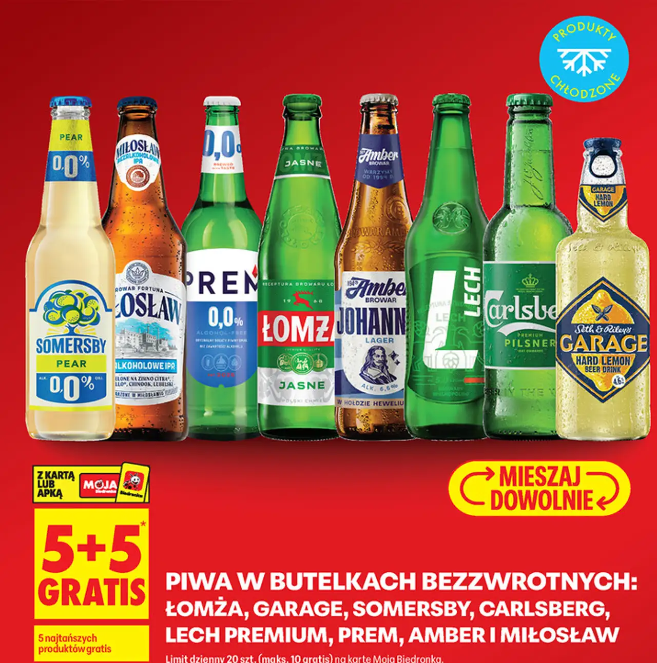 Piwa w butelkach bezzwrotnych: Łomża, Garage, Somersby, Carlsberg, Lech Premium, Prem, Amber, Miłosław