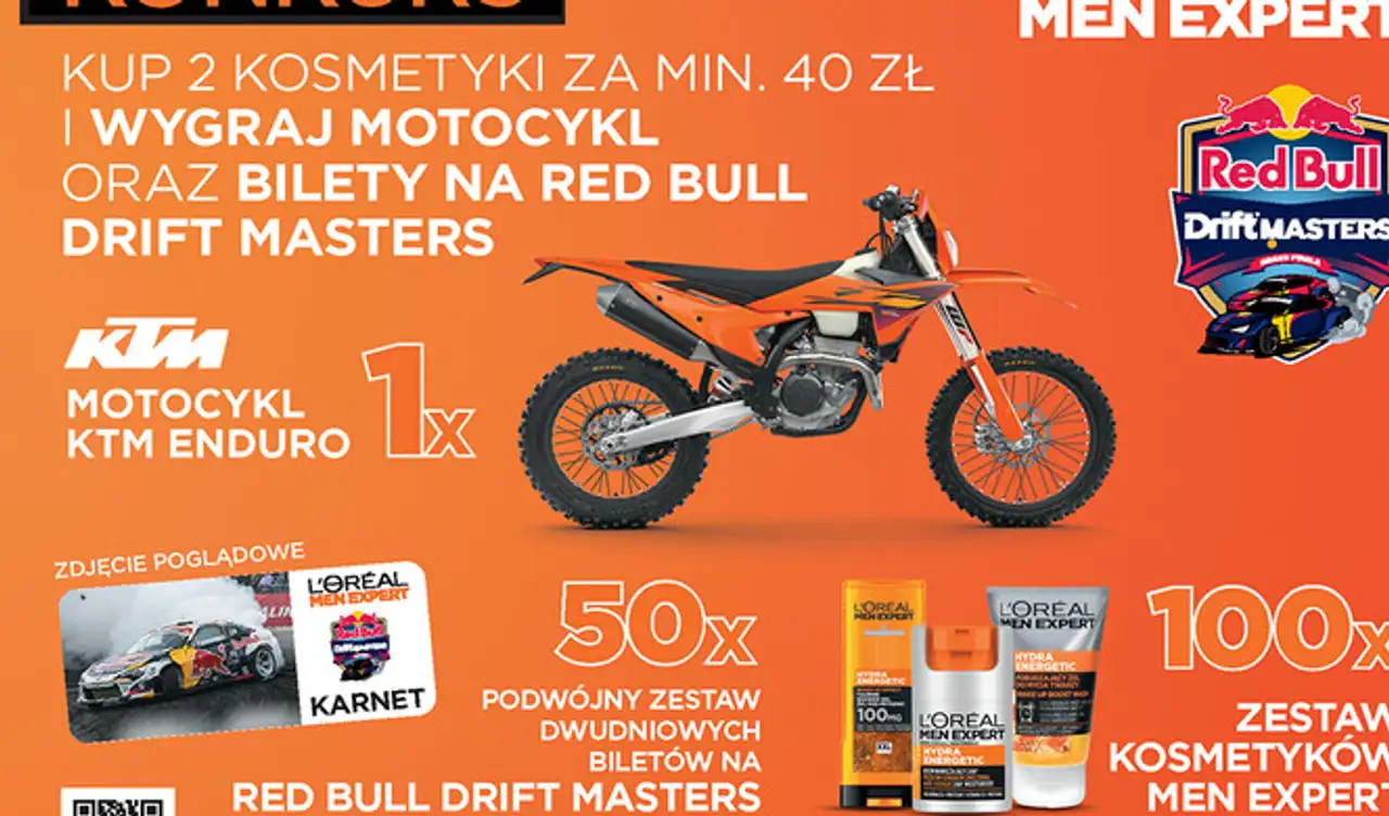 Konkurs: Kup 2 kosmetyki L'Oréal Men Expert za min. 40 zł i wygraj motocykl KTM Enduro lub bilety na Red Bull Drift Masters