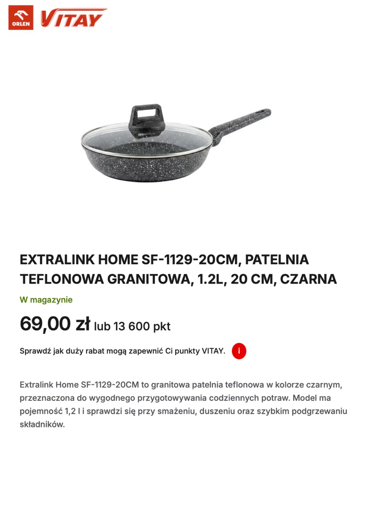 EXTRALINK HOME SF-1129-20CM, PATELNIA TEFLONOWA GRANITOWA, 1.2L, 20 CM, CZARNA