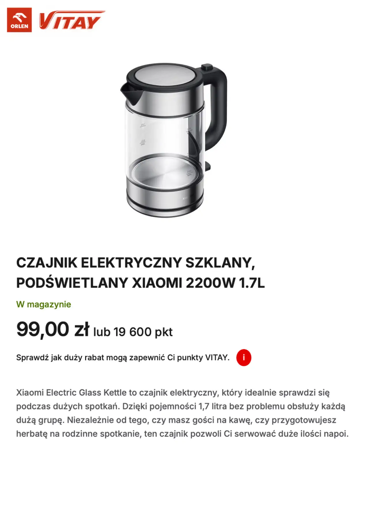 Xiaomi Electric Glass Kettle Czajnik elektryczny szklany, podświetlany 2200W 1.7L