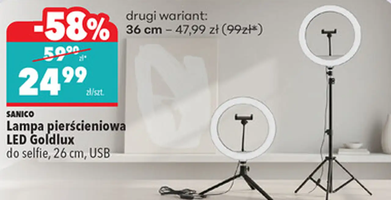 SANICO Lampa pierścieniowa LED Goldlux do selfie, 26 cm, USB