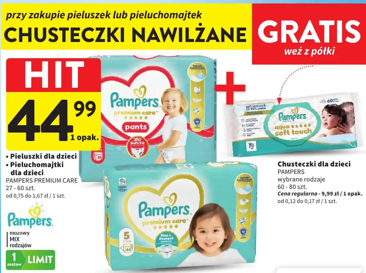 Pieluszki dla dzieci lub pieluchomajtki Pampers Premium Care