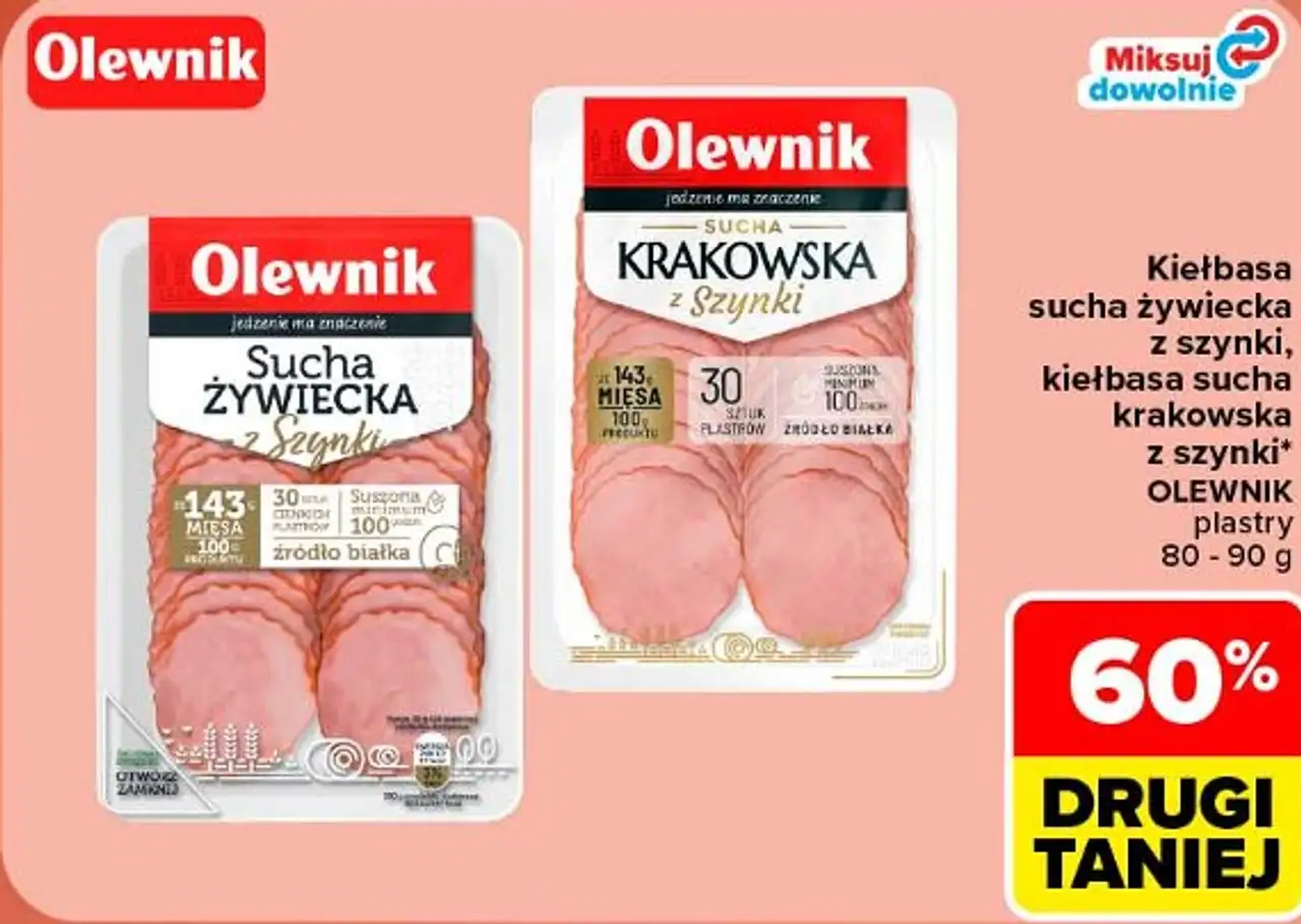 Kiełbasa sucha żywiecka z szynki, kiełbasa sucha krakowska z szynki Olewnik