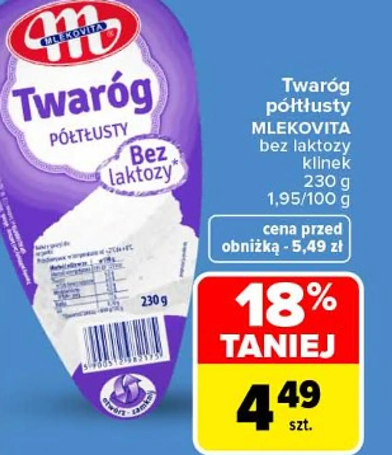 Twaróg półtłusty Mlekovita bez laktozy klinek