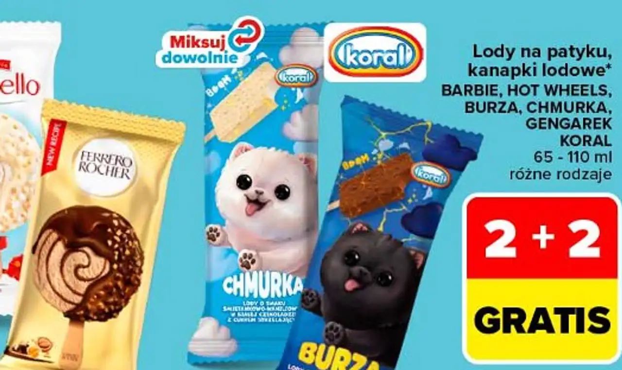 Lody na patyku, kanapki lodowe Barbie, Hot Wheels, Burza, Chmurka, Gengarek Koral