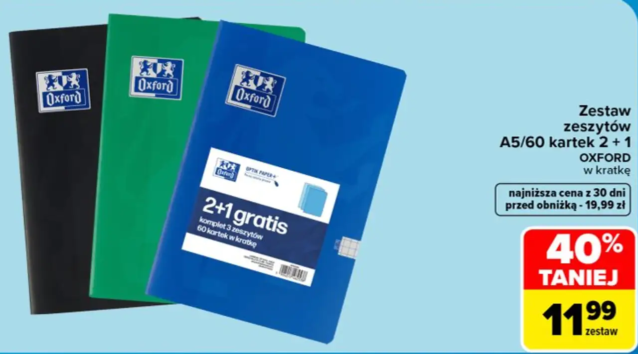 Zestaw zeszytów A5/60 kartek 2 + 1 OXFORD w kratkę