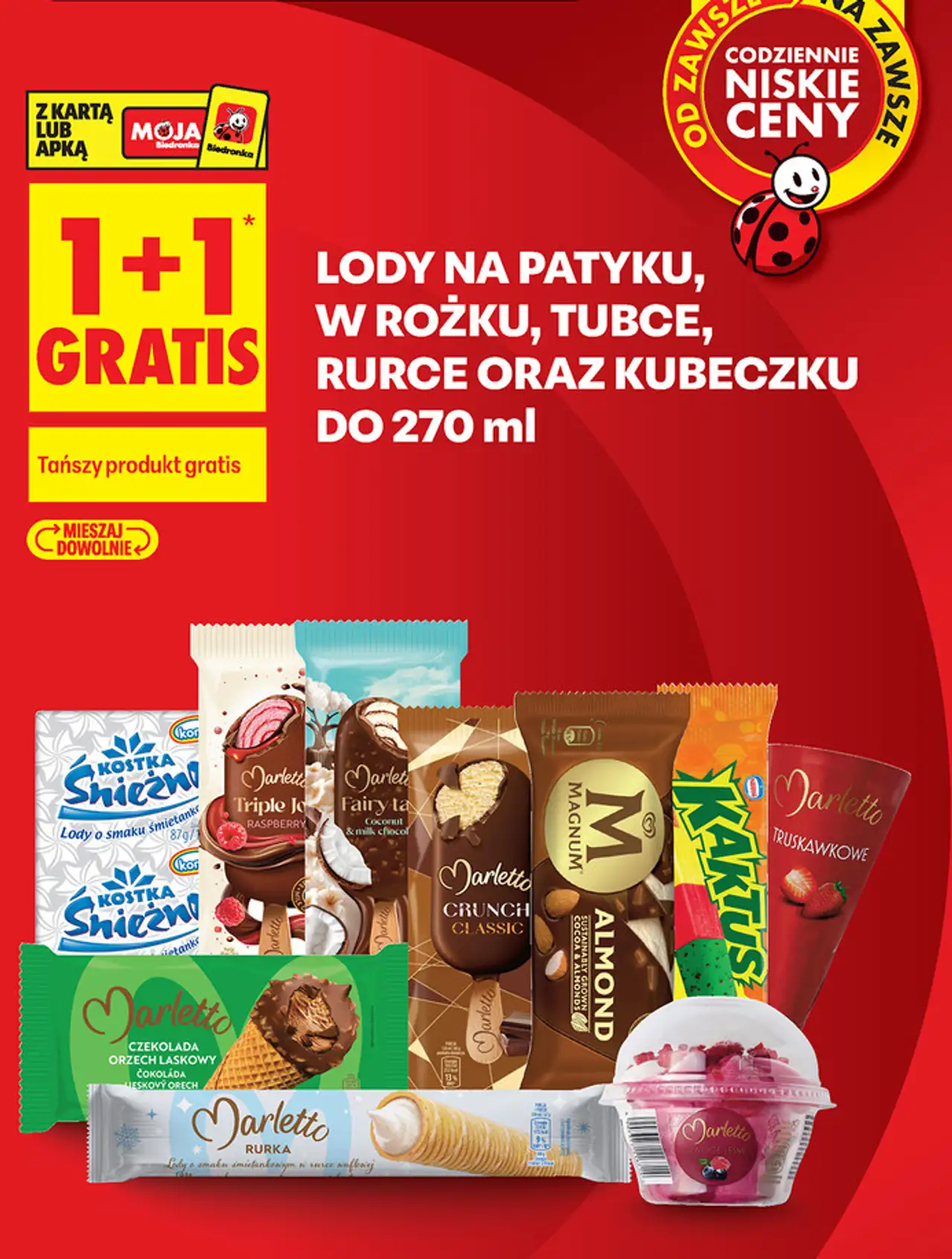 Lody na patyku, w rożku, tubce, rurce oraz kubeczku do 270 ml Marletto, Magnum, Kaktus, Kostka Śnieżna