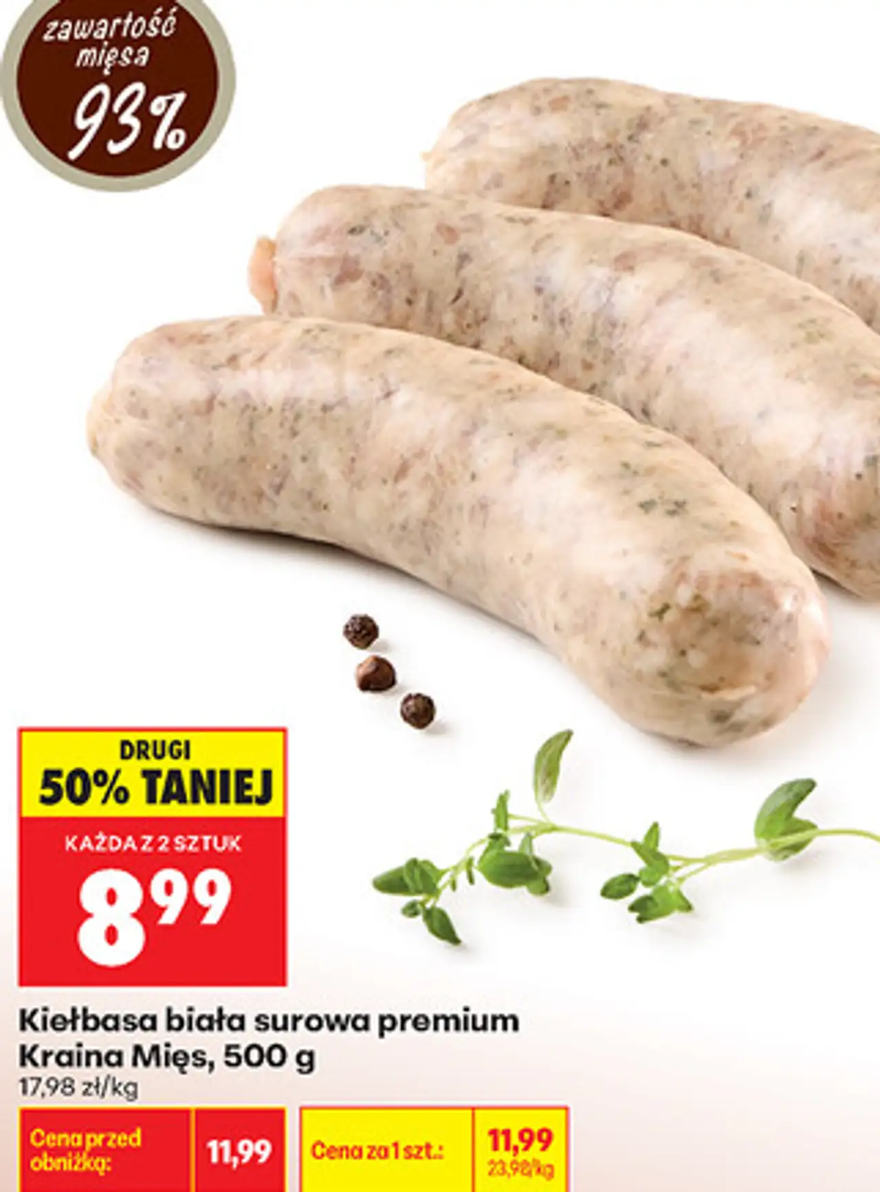 Kiełbasa biała surowa premium Kraina Mięs, 500 g