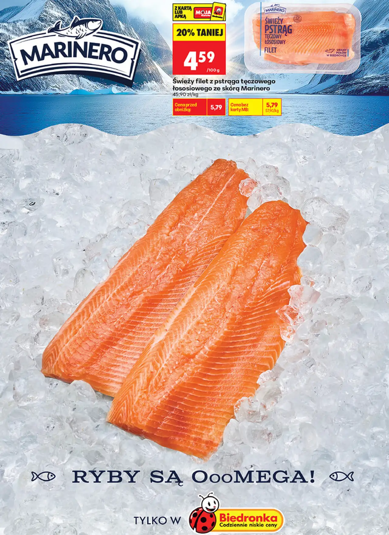 Świeży filet z pstrąga tęczowego łososiowego ze skórą Marinero