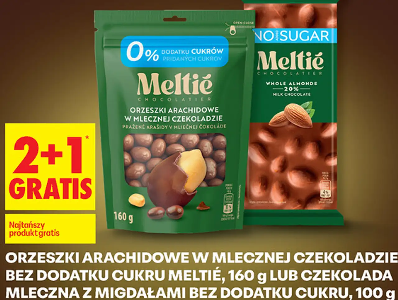 Orzeszki arachidowe w mlecznej czekoladzie bez dodatku cukru Meltié lub Czekolada mleczna z migdałami bez dodatku cukru Meltié
