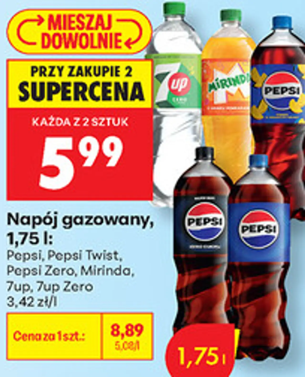 Napój gazowany Pepsi, Pepsi Twist, Pepsi Zero, Mirinda, 7up, 7up Zero, 1,75 l