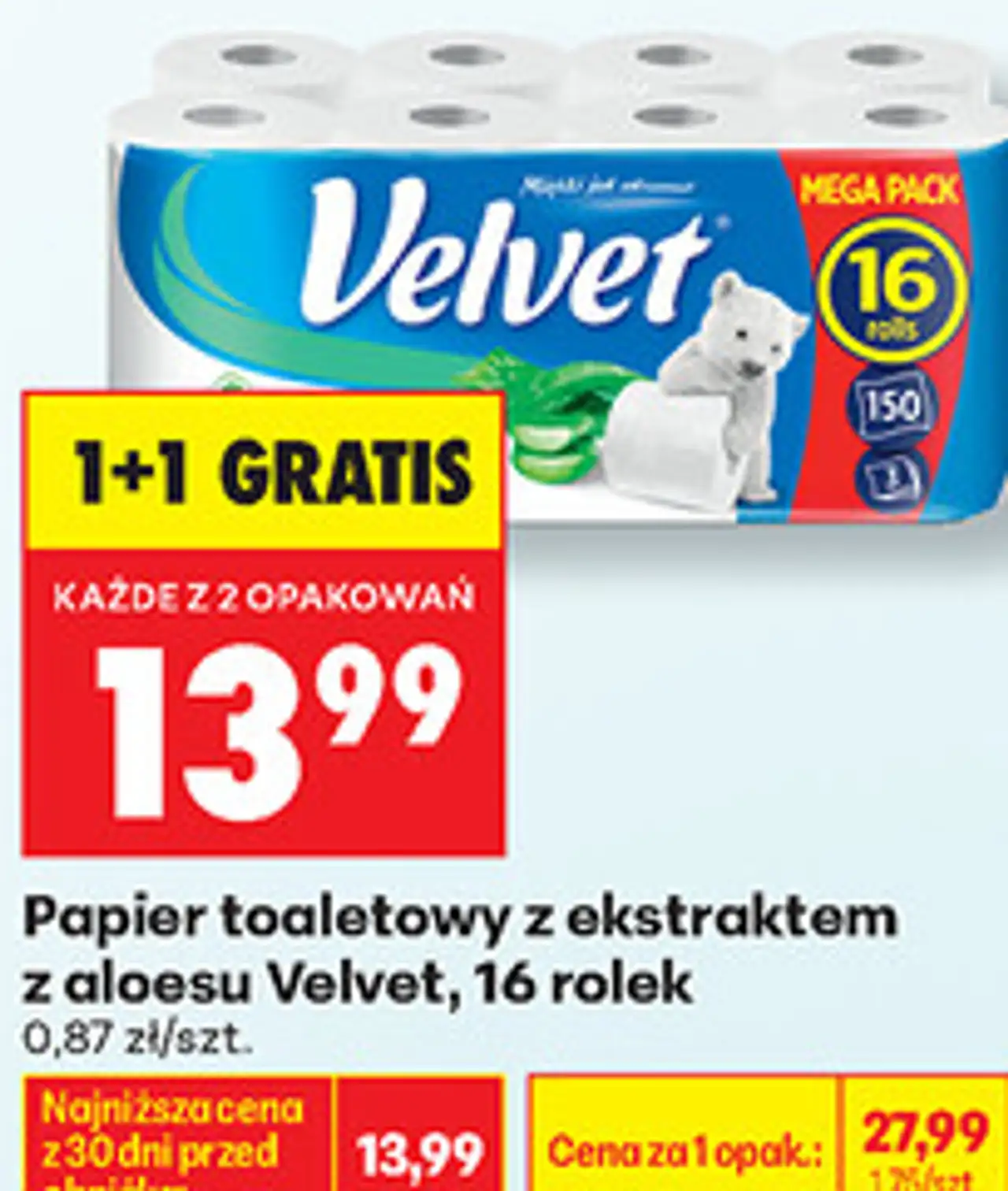 Papier toaletowy z ekstraktem z aloesu Velvet, 16 rolek