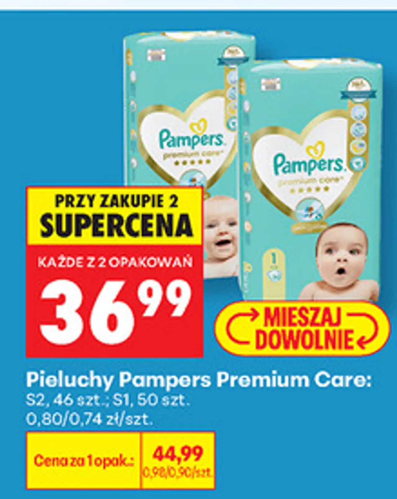 Pieluchy Pampers Premium Care S2, 46 szt., S1, 50 szt.