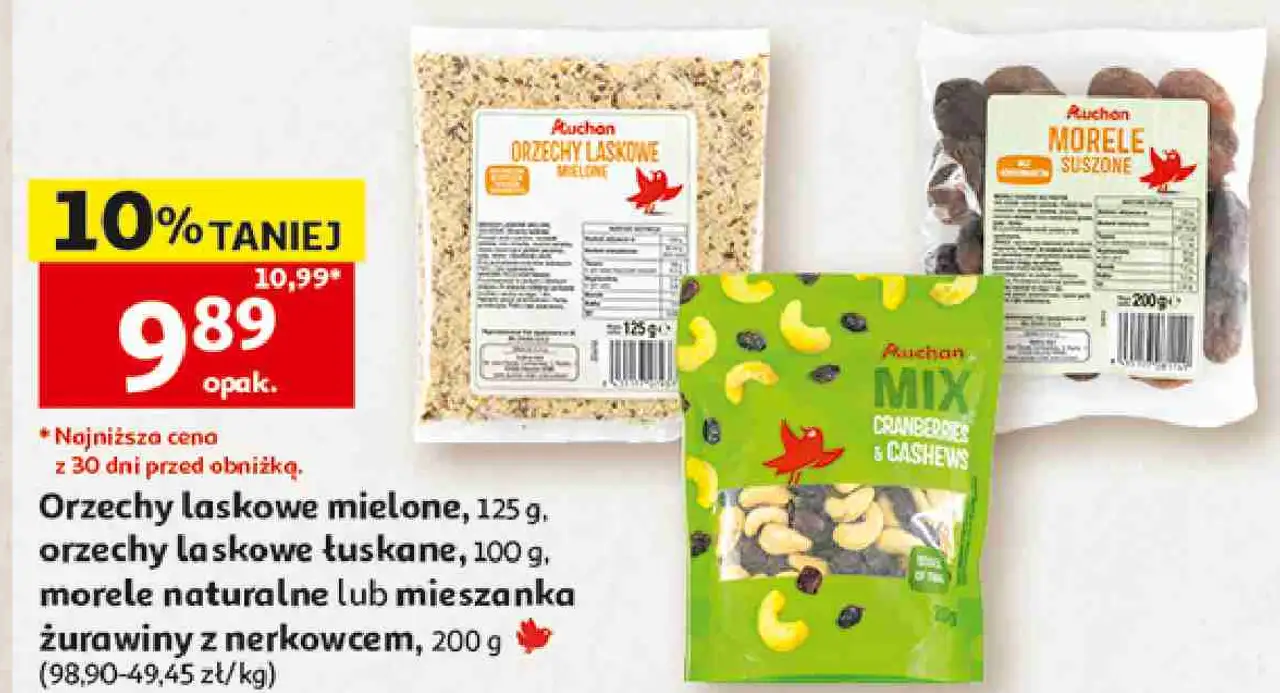Orzechy laskowe mielone, orzechy laskowe łuskane, morele naturalne lub mieszanka żurawiny z nerkowcem Auchan