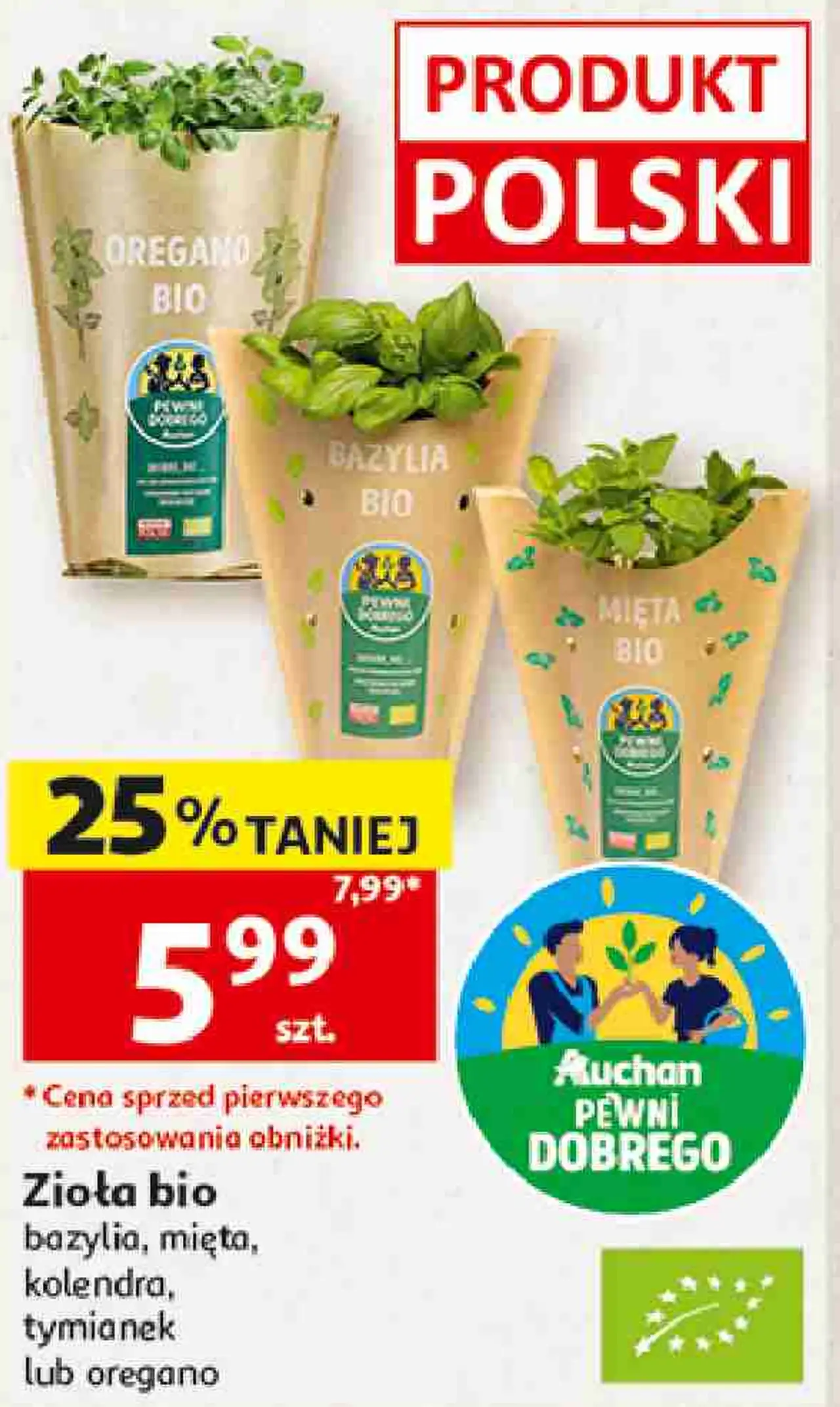 Zioła bio bazylia, mięta, kolendra, tymianek lub oregano Auchan Pewni Dobrego